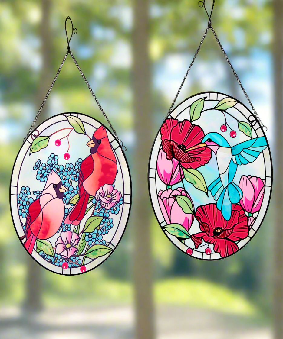 Summer Bird Stained Oval Glass Wall Decor