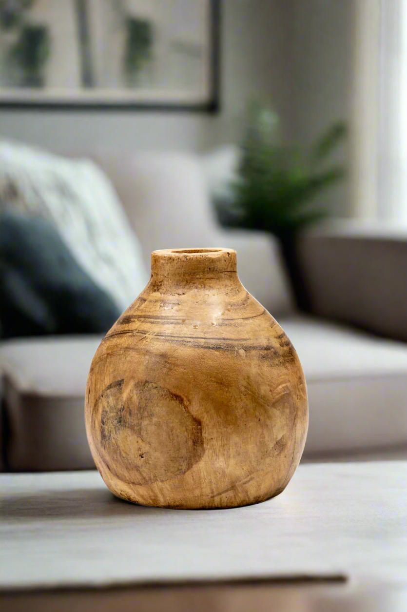 Carved Round Wood Vase