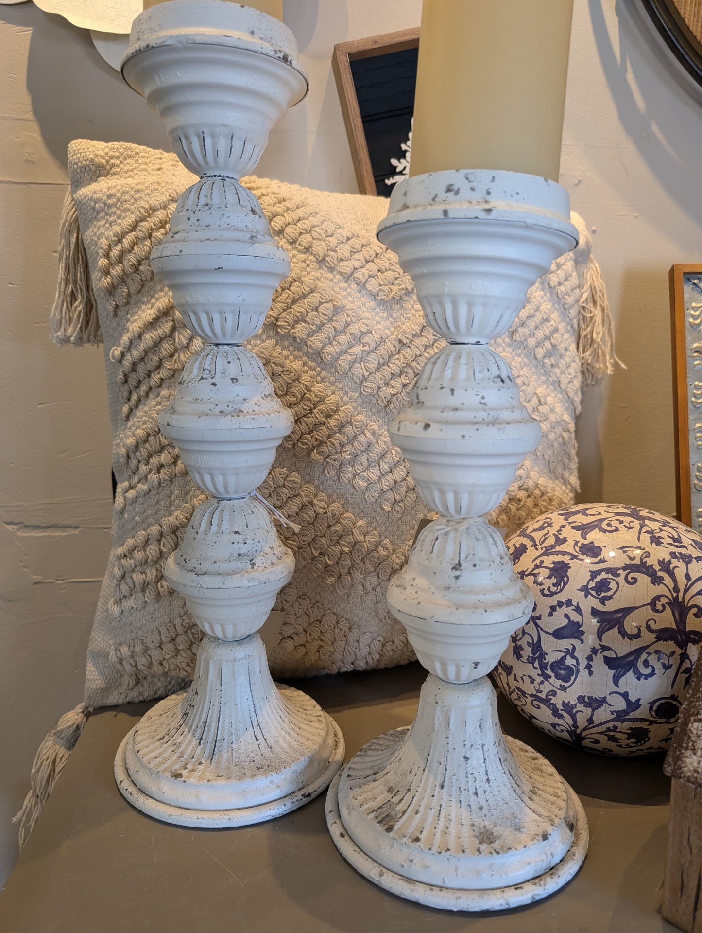 Distressed White Candlestick - 13"