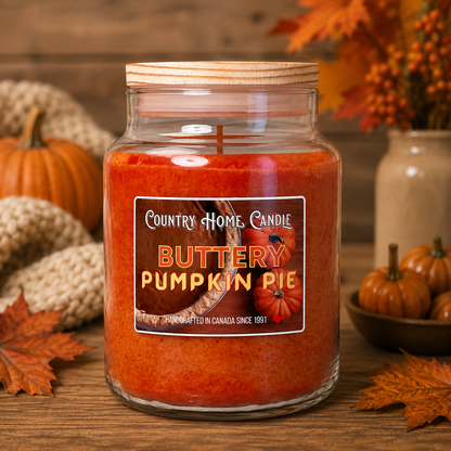 A large glass jar candle labeled 'Country Home Candle Buttery Pumpkin Pie' sits on a wooden table surrounded by autumn decor, including pumpkins, leaves, and a ceramic vase.